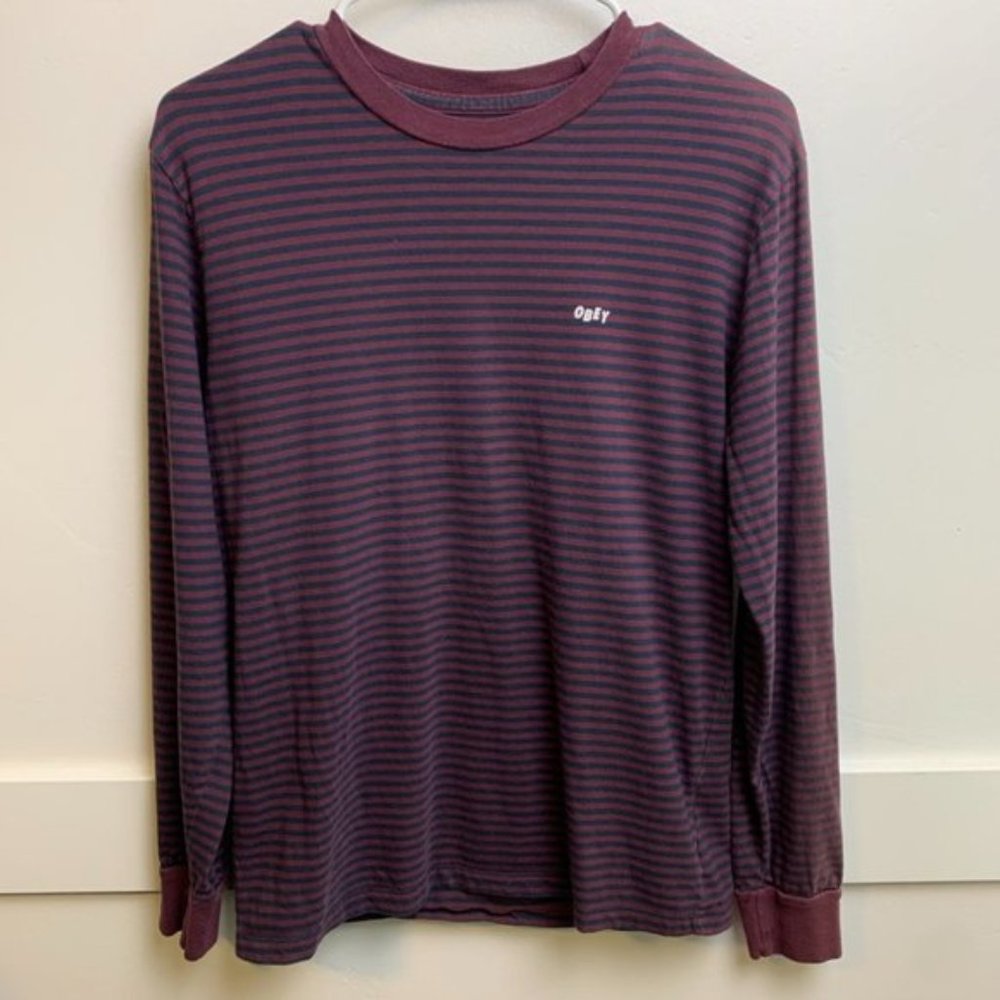 Obey Red & Blue Striped Long Sleeve Shirt Size Small